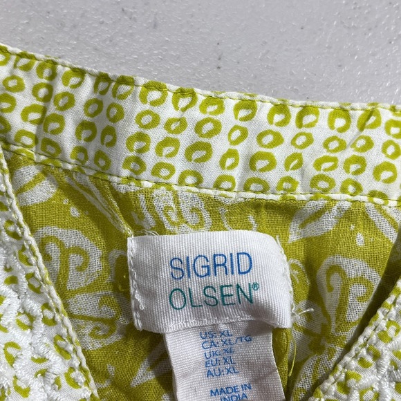 Sigrid Olsen Blouse Womens XL Embroidered Tunic Top 3/4 Sleeve Lime Boho - Picture 3 of 8